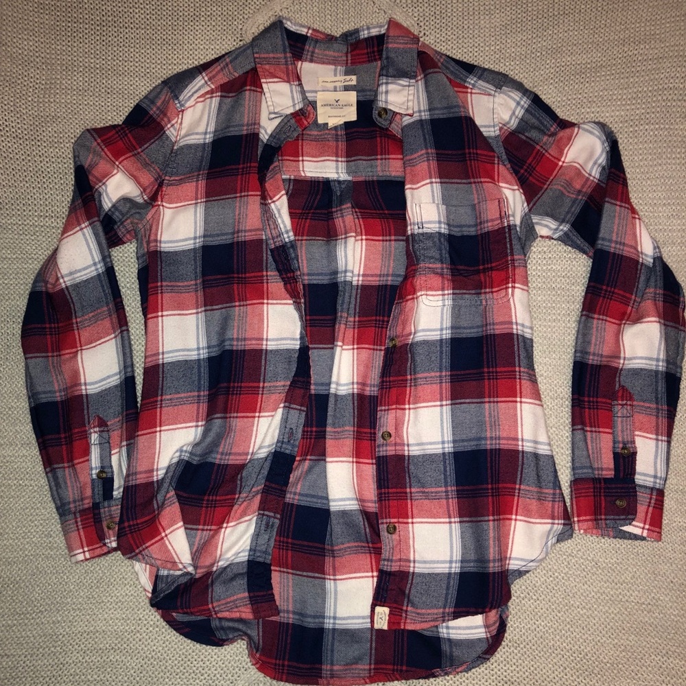 AEO red, white, and blue plaid shirt